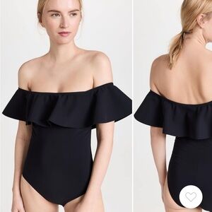 Karla Colletto Off Shoulder Ruffle Flounce One Piece Swimsuit in Black Size 10